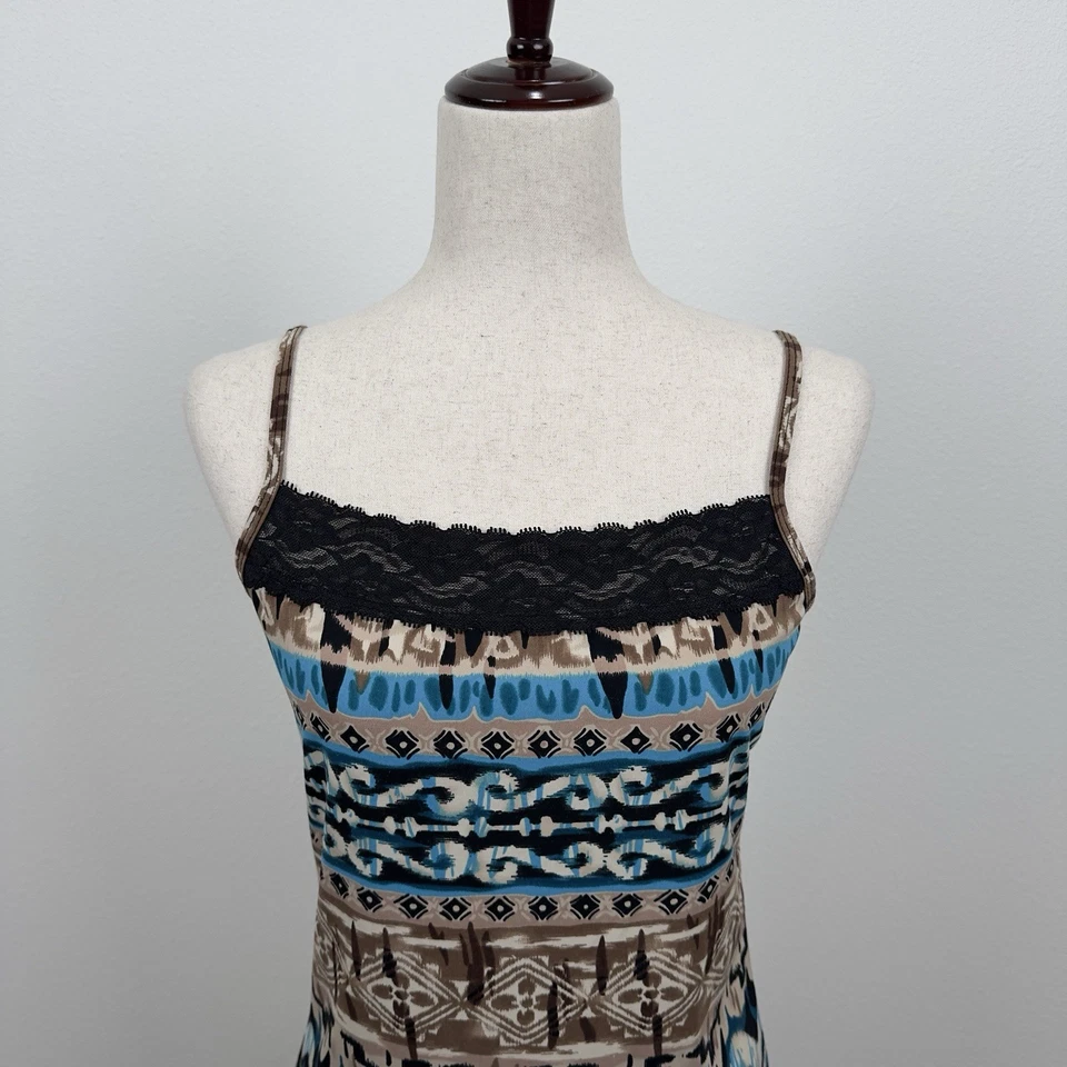 Clear Sky Top Womens M Brown Blue Geometric Lace Trim Cami Fairy Grunge Y2K USA - Image 2 of 4