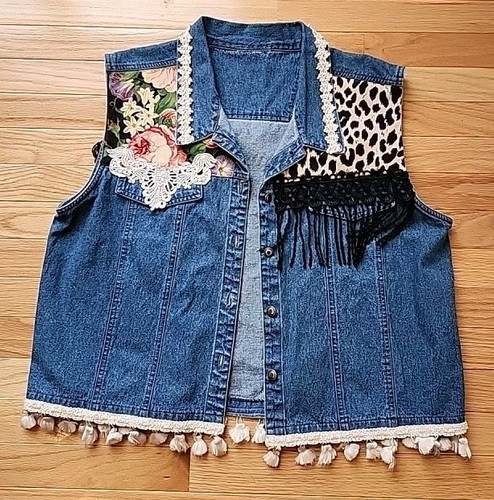 Womens Denim Vest With Embellishments XL-XXL POM POM ANIMAL PRINT DETAIL LACE