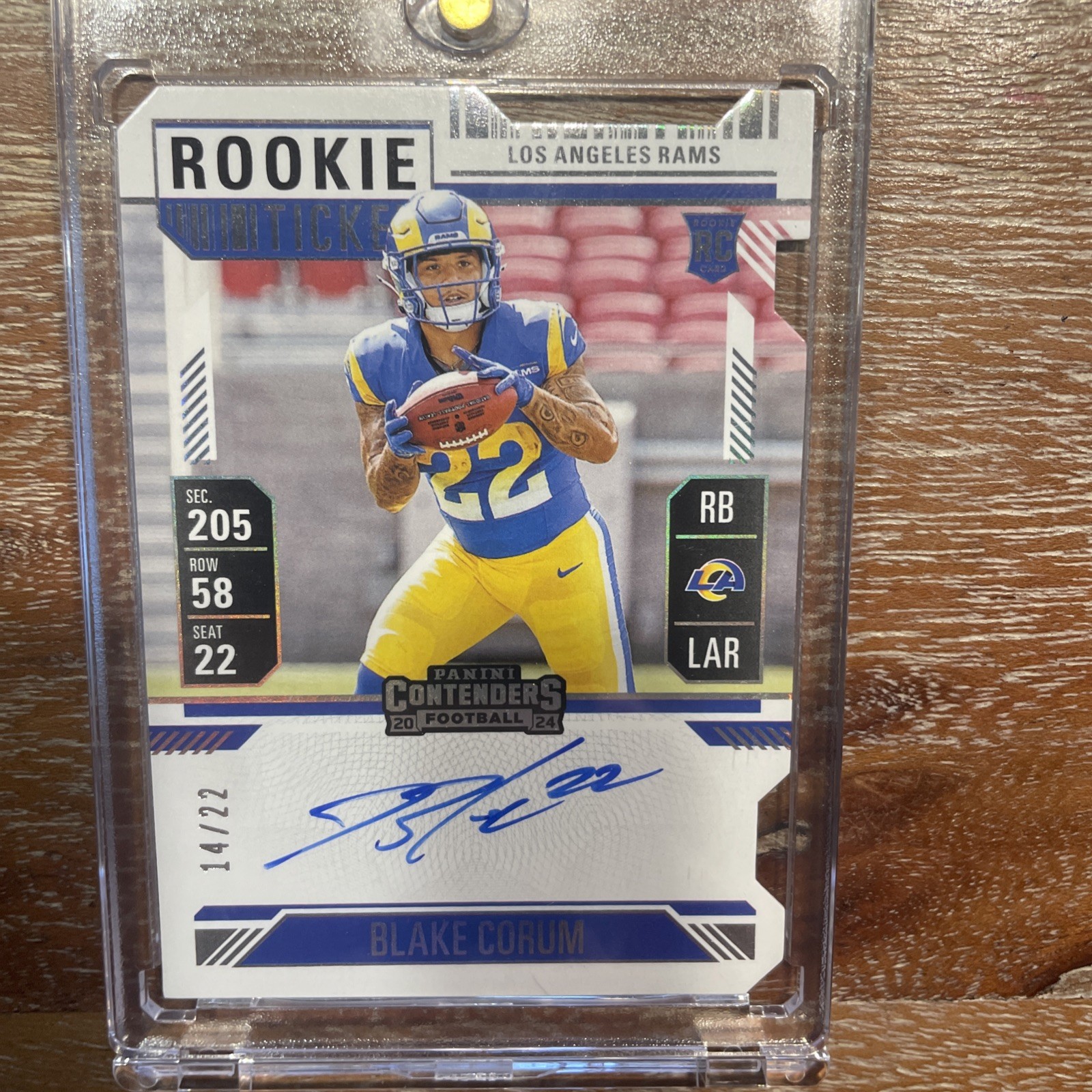Blake Corum 2024 Panini Contenders Rookie Ticket Auto Ticket Stub SSP /22 Rams