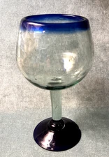 Hand Blown Cobalt Blue Rim Red Wine Glass Goblet Crafted in Mexico 14 oz (C)