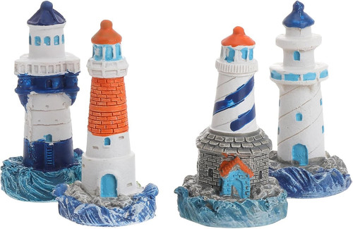 PRETYZOOM 4Pcs Mini Lighthouse Ornament Tiny 5.70X3.00X3.00CM, White, Blue