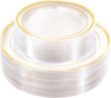 100 PCS Clear Gold Plastic Plates, Disposable Party Plates Include 50 Dinner