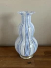 Vintage Murano Latticino Blue White Art Ribbon Glass Vase Italian Decorative