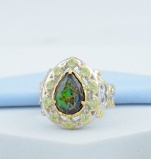 Gold Plated 925 Sterling Silver Real Peridot Gemstone Pear Ammolite Ring Jewelry