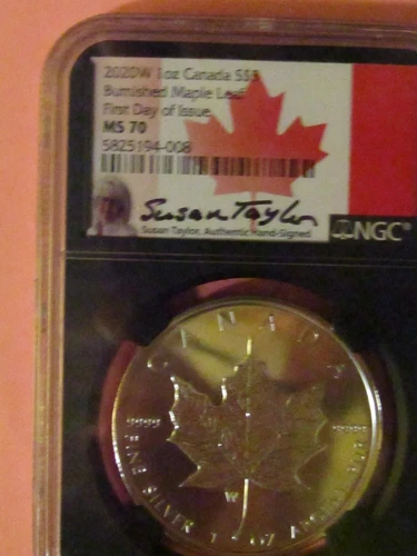 2020 W SILVER CANADA TAYLOR SIGNED $5 MAPLE LEAF BURNISHED 1oz NGC MS 70