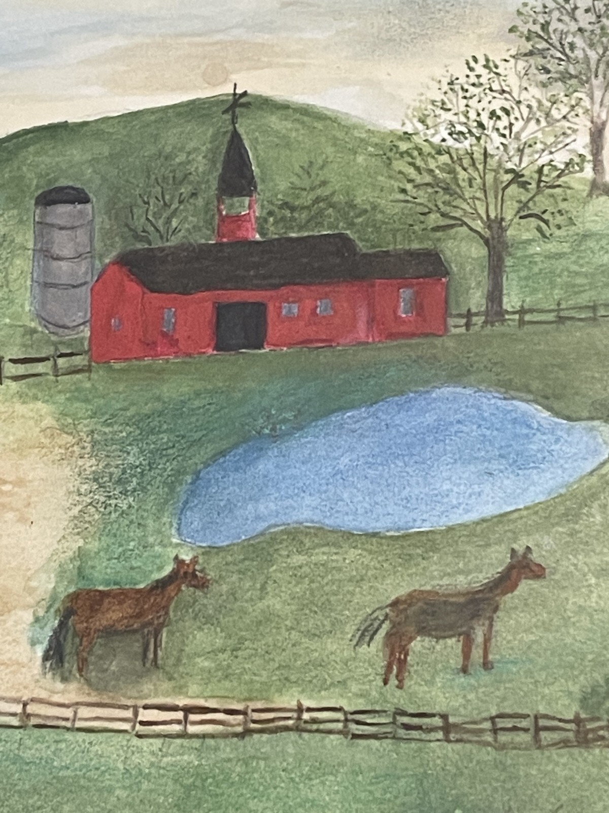 Evelyn S Dubiel (1922-2019), Original Folk Art Painting,Bucolic Naïve Style Farm