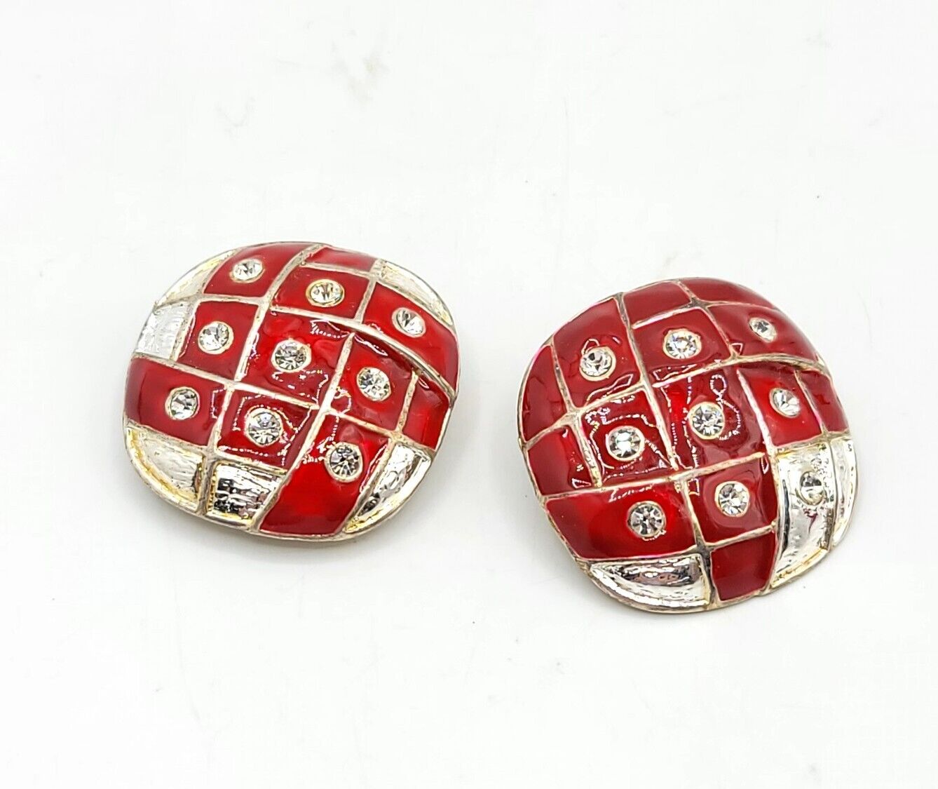 Vtg Lg Earrings Domed Square Rhinestones Red Enam… - image 1