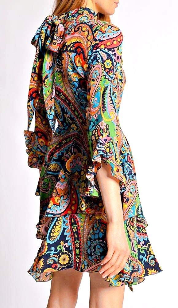 ETRO★Paisley Print Tie Neck Ruffle Asymmetrical Hem Dress ETRO Paisley Print Tie Neck Ruffle Asymmetrical Hem Silk