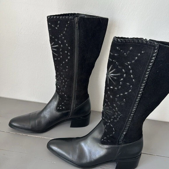 Bota Worthington Mujer 8.5 Patrón Occidental Cuero Gamuza Negro Hecha en Brasil Foto 2 de 4