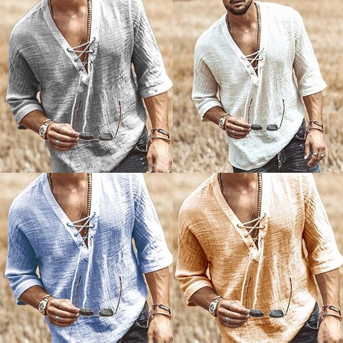 Mens Spring T Shirt Cotton Lace-Up V 