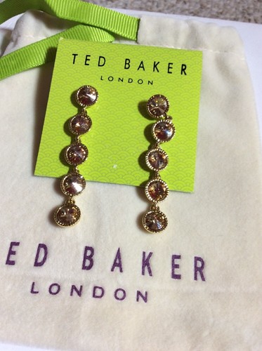 $69 Ted Baker Gold Crystal Long Drop Gold Tone Earrings A210 - Picture 6 of 7