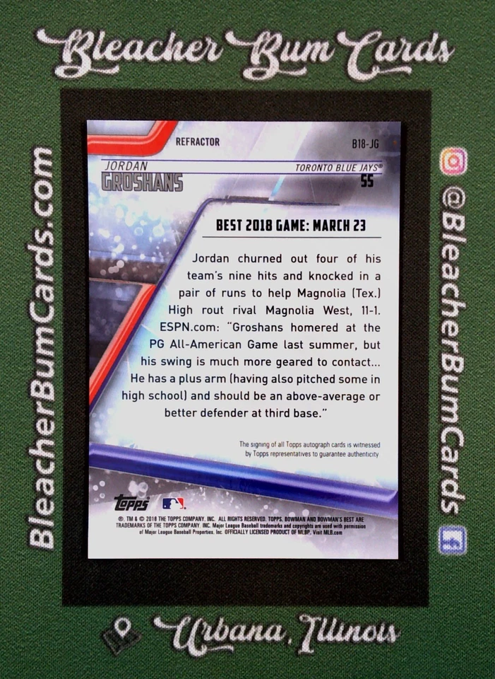 2018 Bowman's Best #B18-JG Jordan Groshans Refractor Prospect Auto - Image 2 of 3
