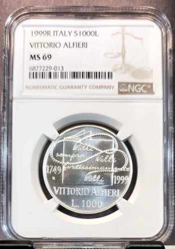 1999 ITALY SILVER 1000 LIRE VITTORIO ALFIERI NGC MS 69 RARE TOP POP 1