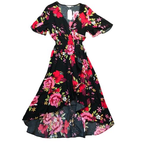 Kormei Floral High Low Midi Dress Women's Size Large V-Neck Flowy 100% Rayon NEW