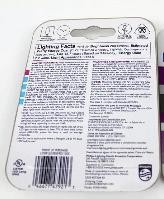 12 Bulbs Philips 20 Watt Equivalent 6-Pack LED T4 G8 Bi-Pin Base Special Purpose - Image 2 of 2