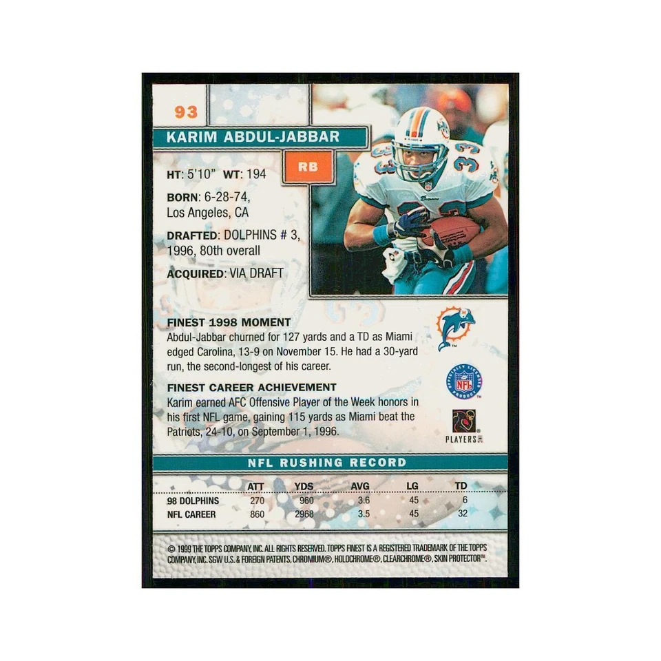 1999 Topps Finest w Coating Karim Abdul-Jabbar Dolphins #93 - Image 2 of 3