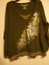 Woman's Gitano Green  Embellished Top with Bling Long Sleeve Sz 2X ( 22 -24)