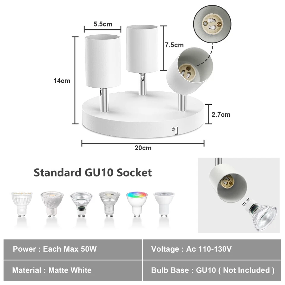 GU10 Moderno Kit de Iluminación de Pista 3 Luces Luz de Techo Punto Luces Cabezal Ajustable Foto 3 de 4