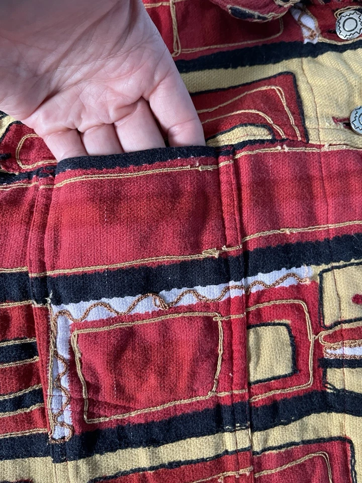 Chico's Women’s Size 3/L Embroidered Button Front Jacket Red/Gold Abstract Boho - Image 4 of 4
