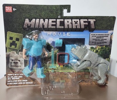 Minecraft Movie Steve In Diamond Armor & Wolf Figure Mattel Action Figure Set