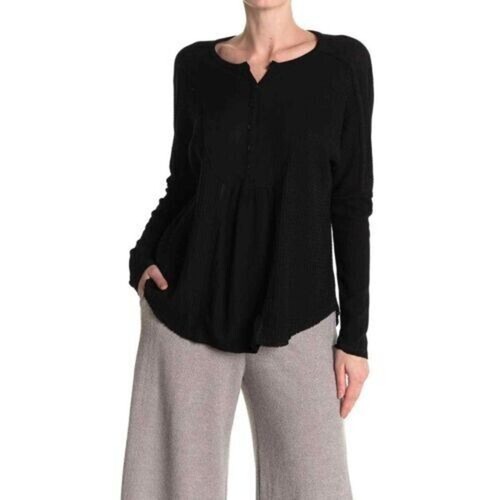 Gibsonlook Women's Mixed Ribbed Waffle Knit Henley Top Black Small $50