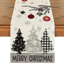 Grey Pine Trees Snowflake Merry Christmas Table Runner, Winter Xmas Holiday Kitc