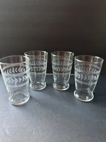Anchor Hocking Etched Laurel Leaf Tumblers Flat Bottom Blown Glass Vtg Set(4)
