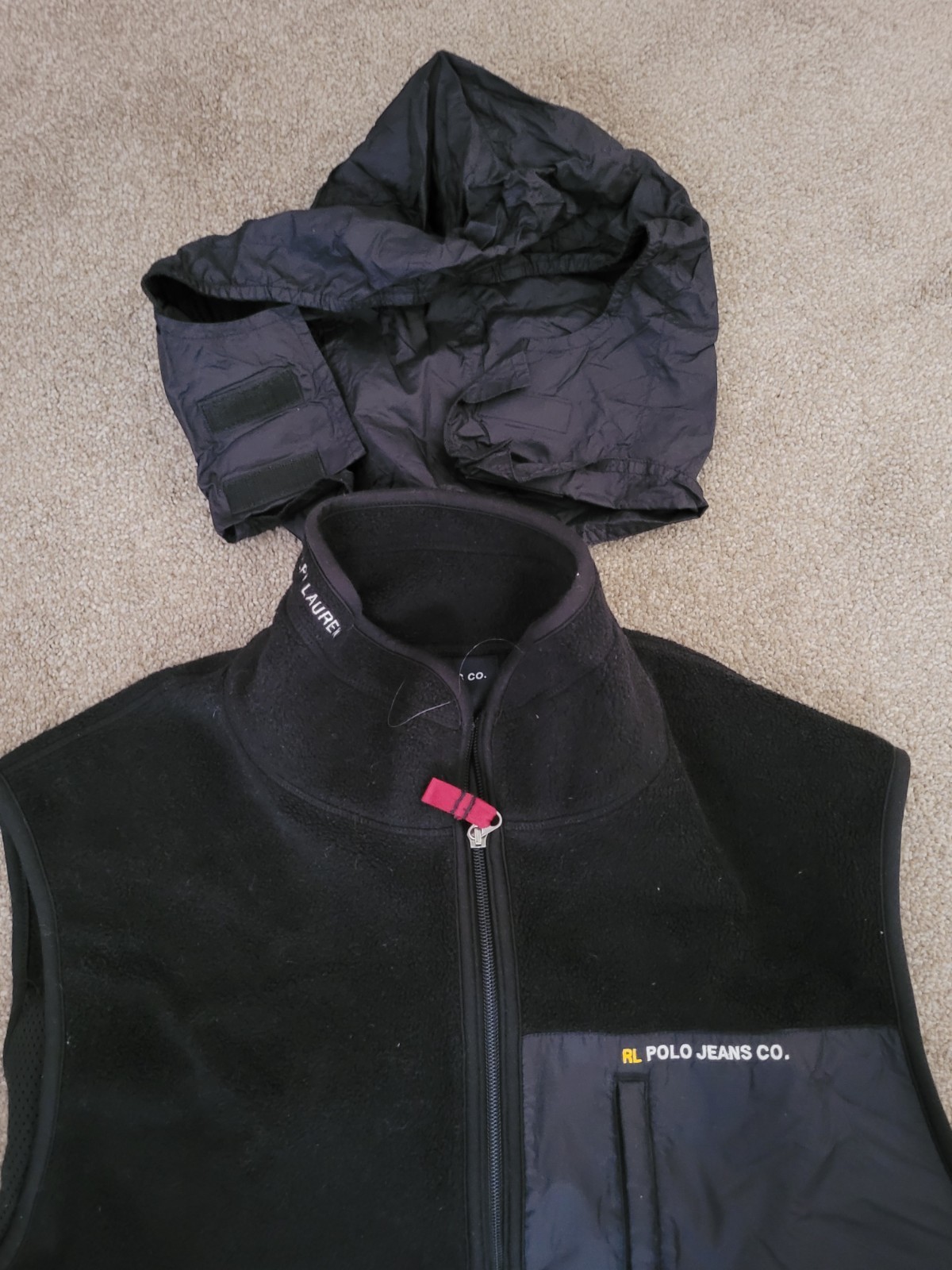 Polo Jeans Co Ralph Lauren Fleece Vest M XL Blk Y2K Zip Front Hooded Hong Kong thumbnail 2