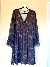 TORRID Black Allover Bird Sheer Balloon Sleeve Vneck Stretch Dress Womens 3