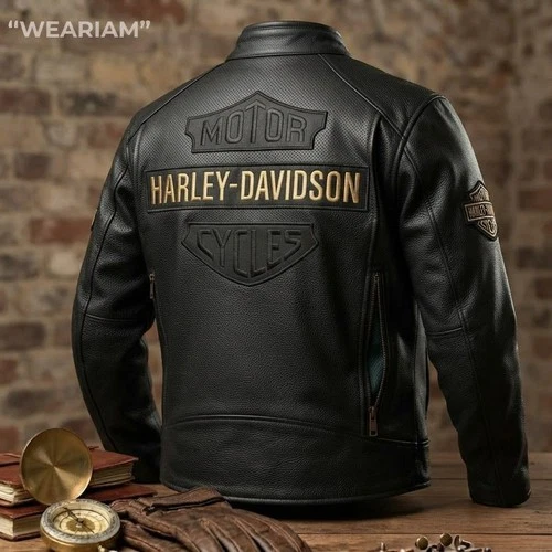 Harley Men's Black Biker Jacket - Real Cowhide Leather Motorcycle Jacket image 4