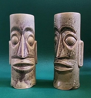 Vintage Tiki Mug Mark Thomas Outrigger Cannery Row Monterey Green Moai, Lot of 2