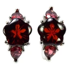 NATURAL AAA DARK ORANGE RED GARNET FLOWER CARVING STERLING 925 SILVER EARRING