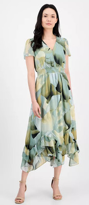 Anne Klein Midi Dress Size 12 Fit & Flare Chiffon Green Cascading Hem NWT JAN943
