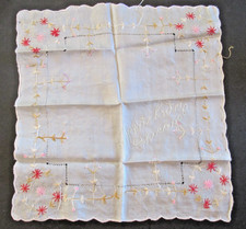 Handkerchief White City Chicago Souvenir Embroidered Text Pink Red Flowers VTG