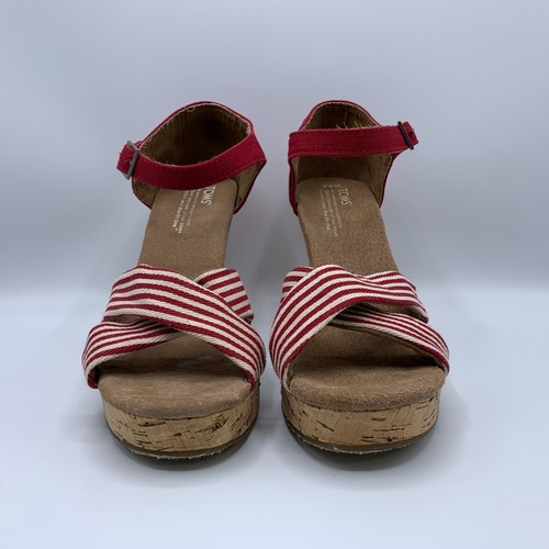 Toms Womens University Red Striped Cork Wedge Heels Strappy Sandal Size US 9.5W - Picture 3 of 9