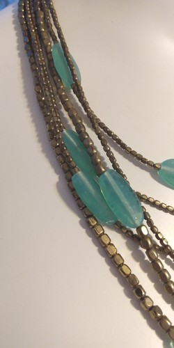 6 strand brass color metal and oblong turquoise glass beads necklace 12" drop - Picture 4 of 10