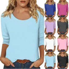 Womens 3/4 Sleeve Scoop Neck Tops Solid Color Basic T Shirts Casual Loose Tees