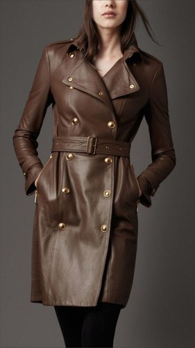 Women Brown Leather Trench Coat Soft Lambskin Long Coat With Belted Leather Coat