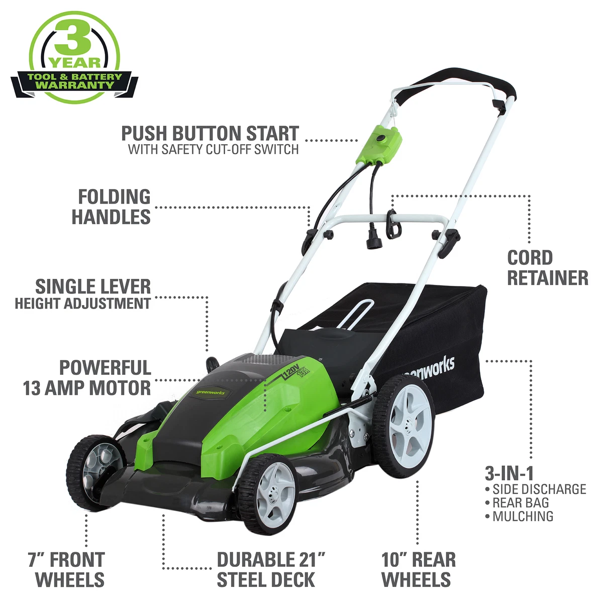 Electric Lawn Mower, 13-Amp, Corded