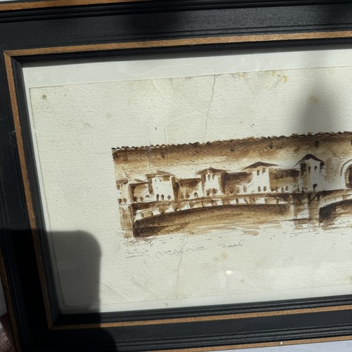 Vtg Original Watercolor Painting Ink-Ponte Vecchio Florence, Italy Framed - Picture 8 of 11