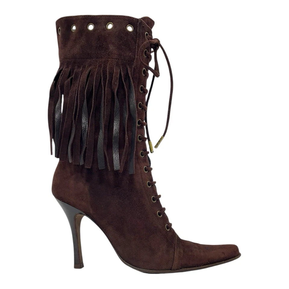 De colección BEBE Mujer 8 Gamuza Cuero Botas Flecos Ojales Stiletto Punta MARRÓN Foto 2 de 4