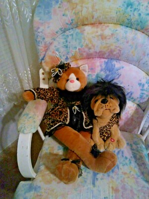 RARE plush Cat & Dog in Leopard/Cheetah print outfits