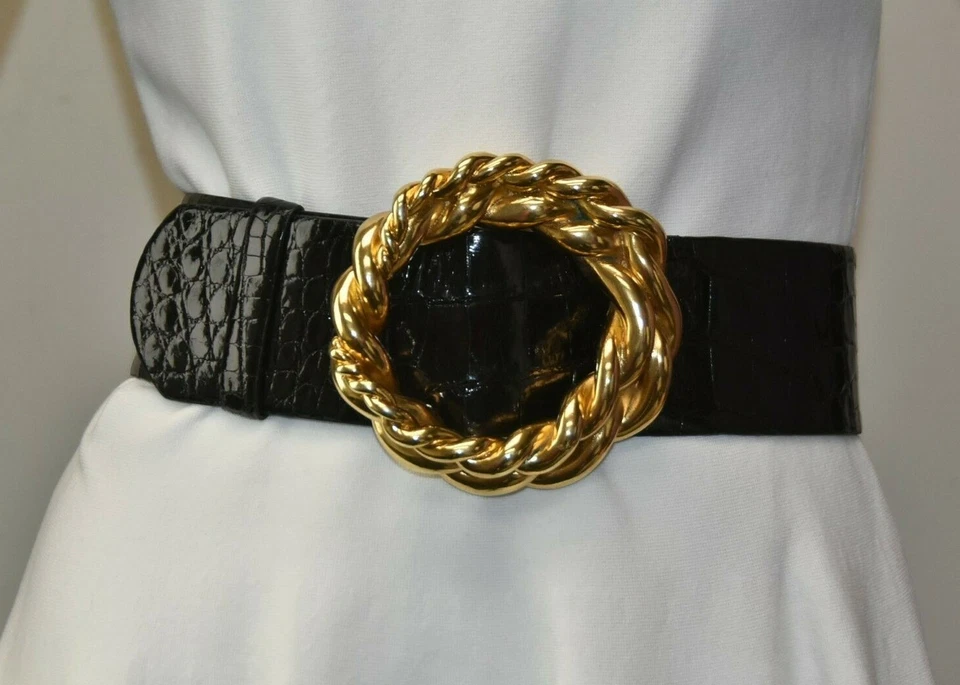 $1490 NUEVO Cinturón Oscar de la Renta AMPLIO COCODRILO COCODRILO COCODRILO Negro Dorado XS Foto 4 de 4