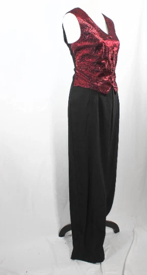 Mono de Colección Años 90 Rojo Leopardo Estampado Animal Imitación Chaleco Blazer a Juego Baile de graduación Foto 4 de 4