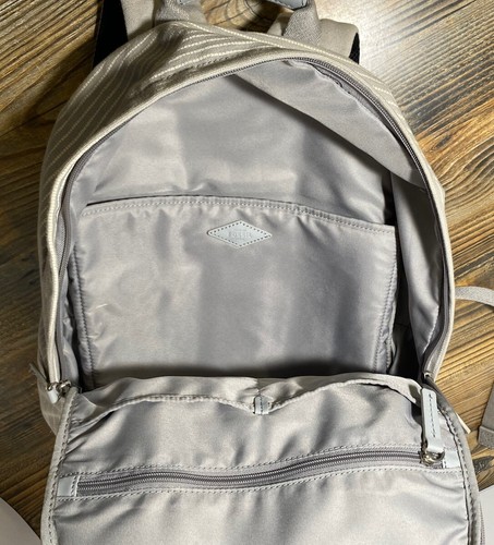 Fossil Canvas Backpack Light Gray w/ White Stripes Laptop Pocket Quality Crafted - Picture 9 of 13
