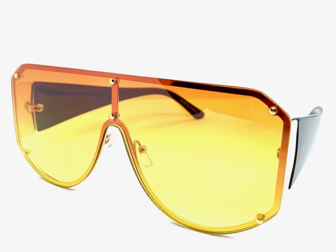 OVERSIZED Exaggerated Retro Shield SUNGLASSES Gold Frame Flat Orange Yellow Lens