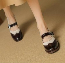 Women's Round Toe Flat Wingtips Loafer Buckle Mary Jane Shoes Leather Brogue