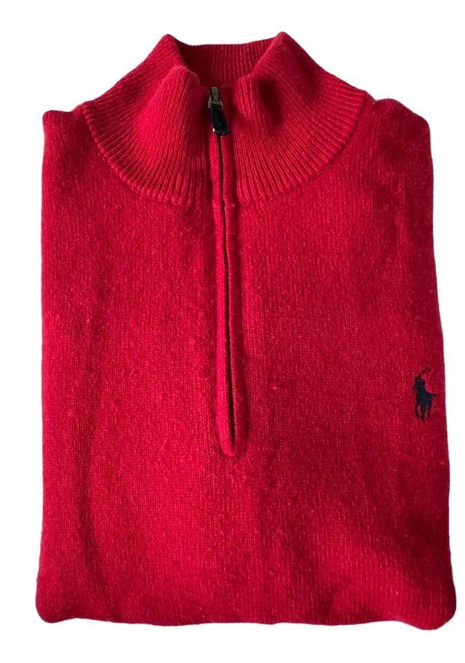 NEW POLO RALPH LAUREN RED WOOL ALPACA PONY MOCKNECK HALF ZIP SWEATER PULLOVER L - Image 3 of 4
