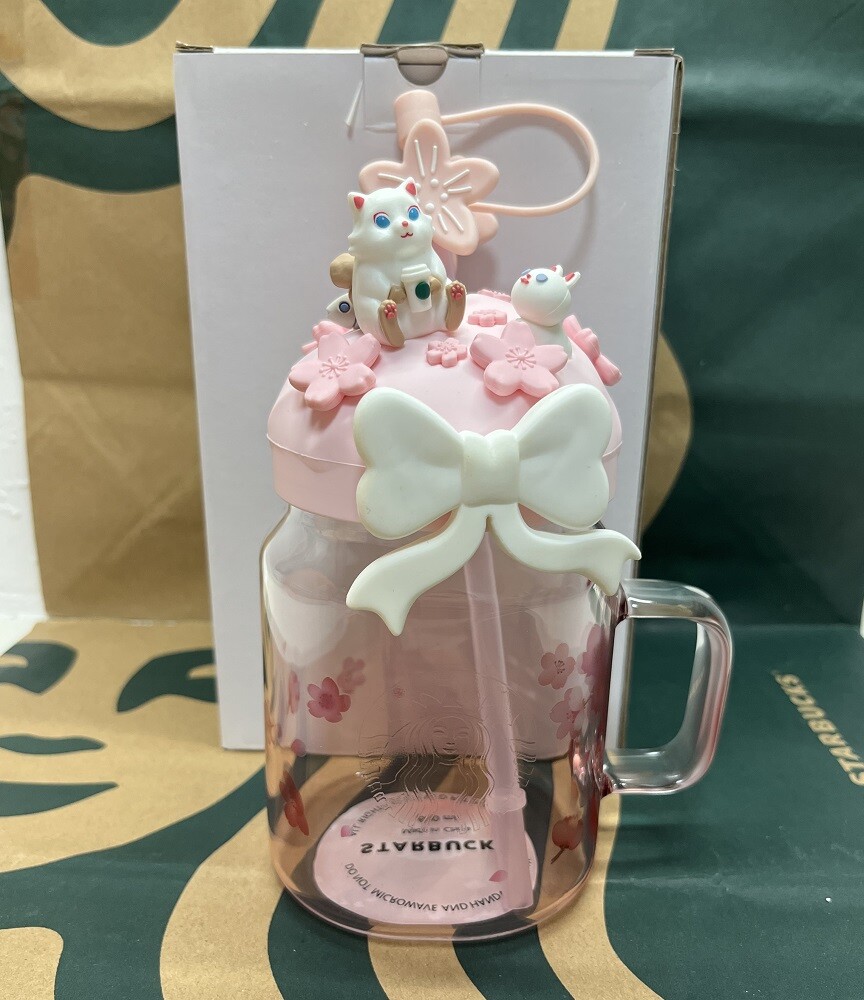 2023 Starbucks Cute Cat Gradient Pink Tumbler + Sakura Topper 20oz Cold Cup Gift