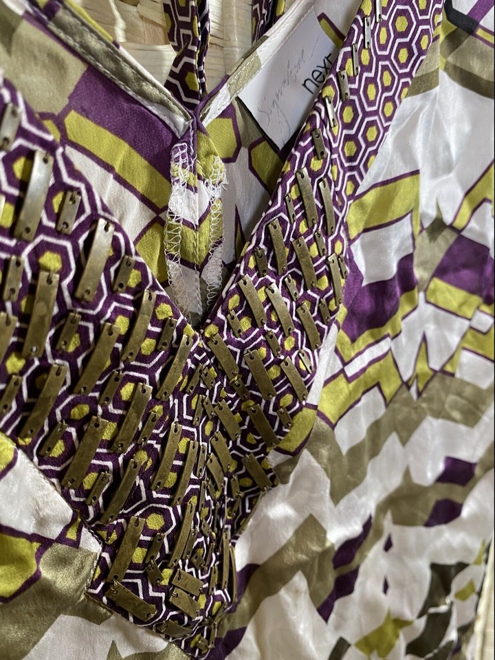 Next Signature Geometric Print Silk Summer Blouse Top 12 VNeck Party